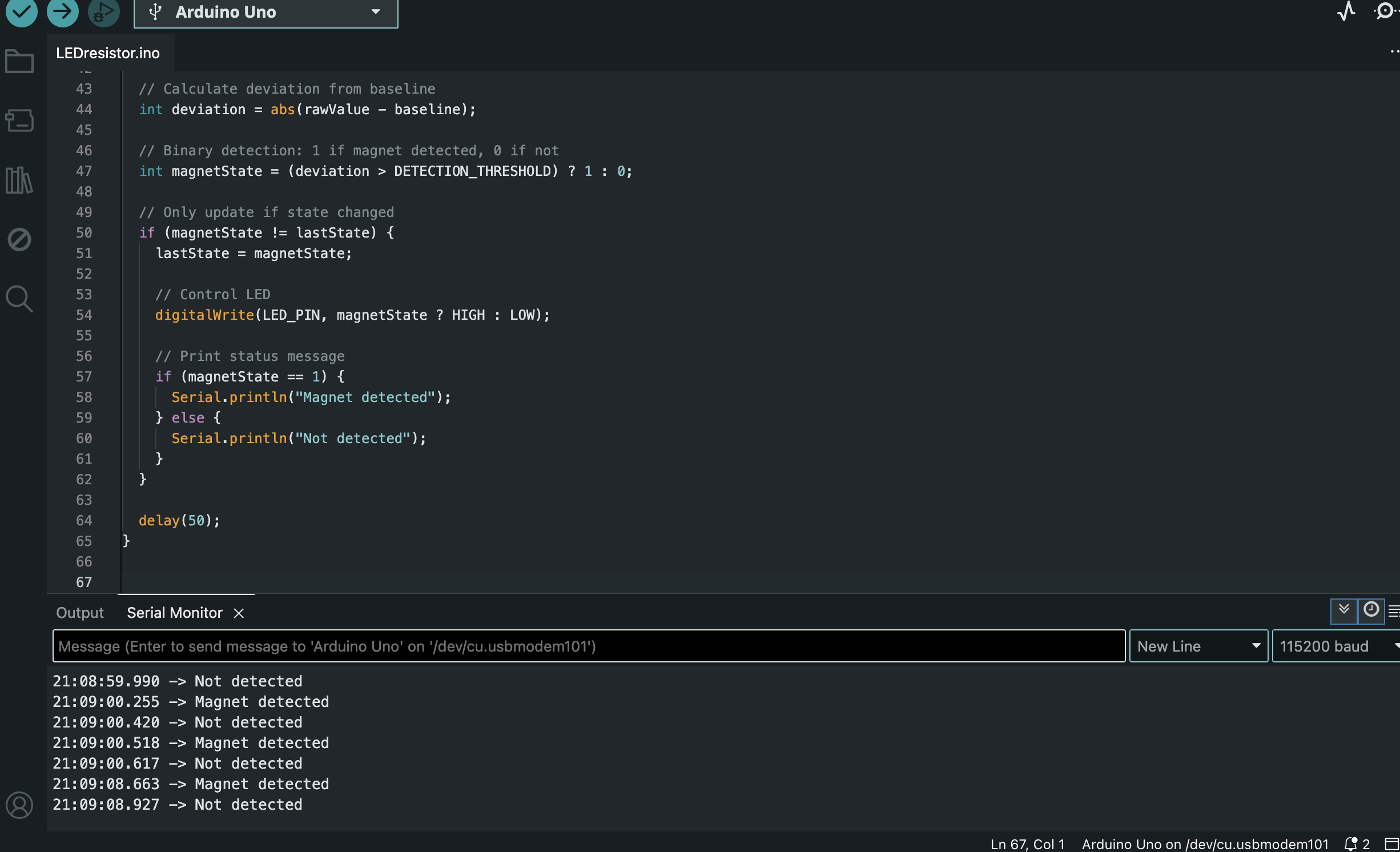 Serial Monitor evidence of missed detections — magnet proximity not consistently registered, motivating analog‑output approach and alignment tweaks
